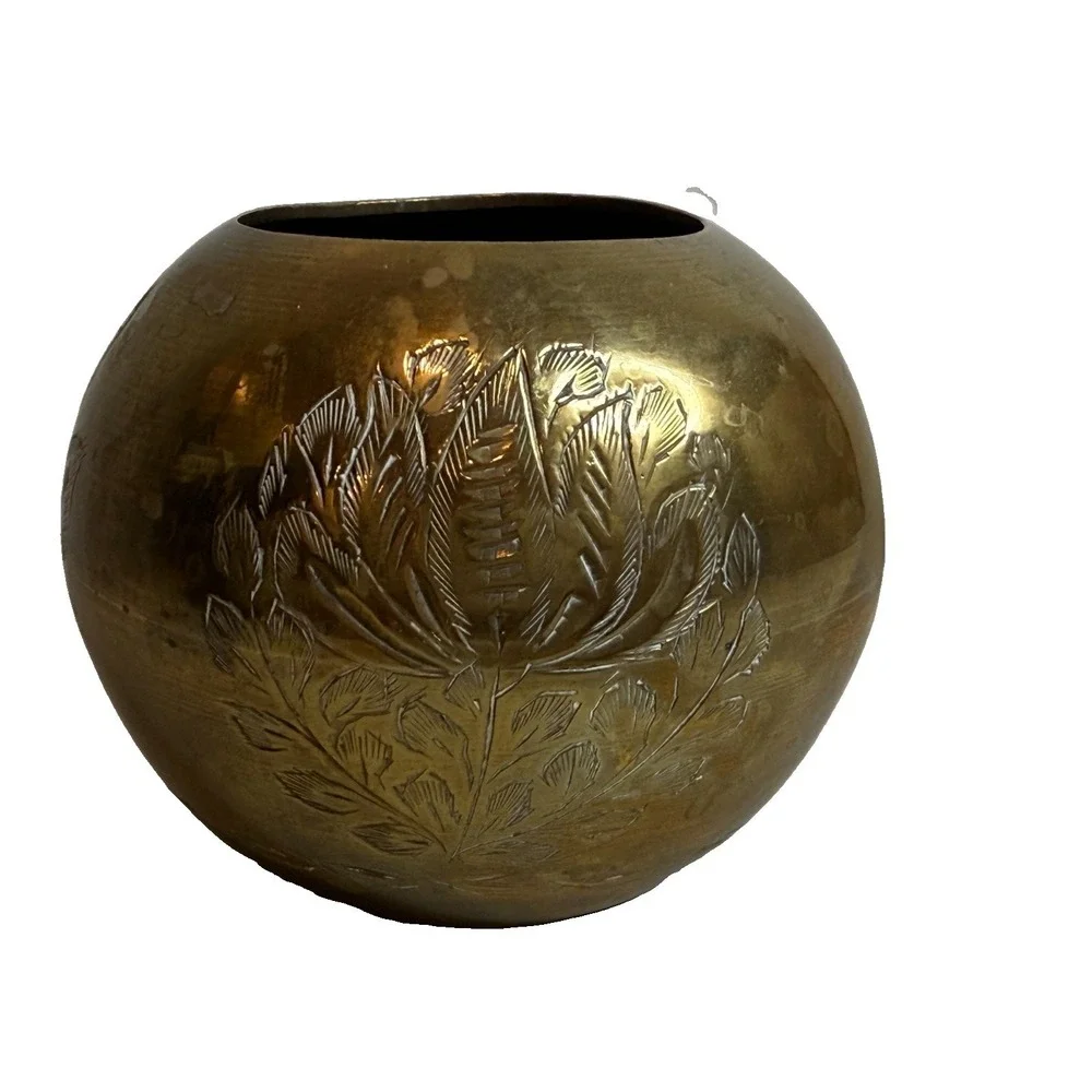 Vintage Round Brass Etched Bowl ball-shaped pot style vase